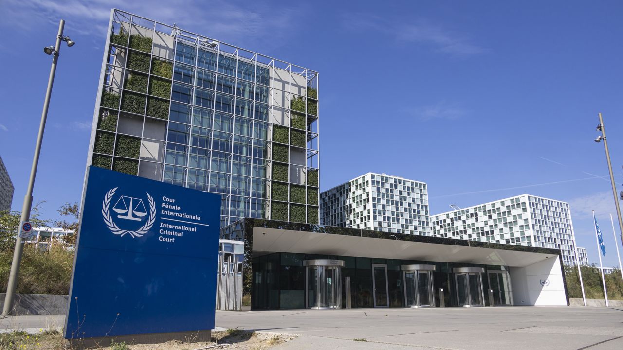 General view with a sign with the official logo and inscription of the International Criminal Court, an intergovernmental organization and international tribunal seated in The Hague, Netherlands.