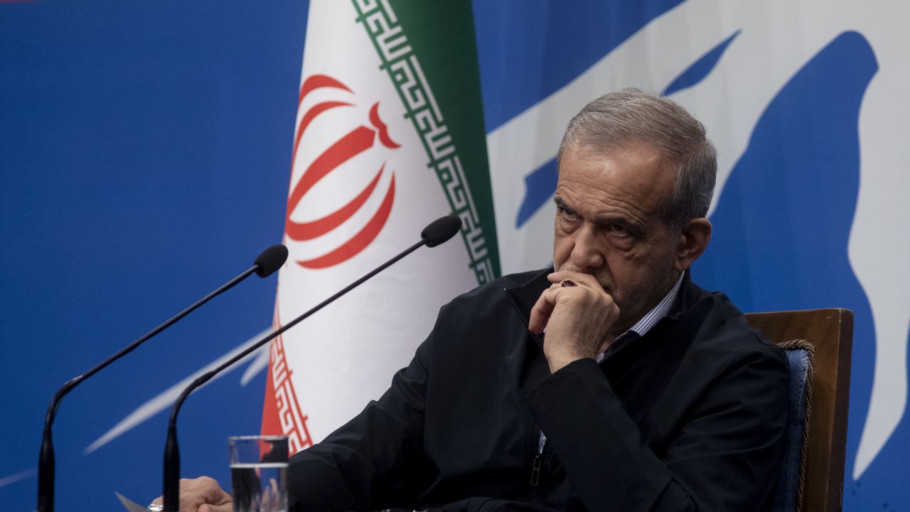 TEHRAN, IRAN - SEPTEMBER 16: Iranian President Masoud Pezeshkian attends his first press conference, after taking office. on September 16, 2024 in Tehran, Iran. This marks the president's first major interaction with the press since taking office on July 28, 2024. (Photo by Majid Saeedi/Getty Images)