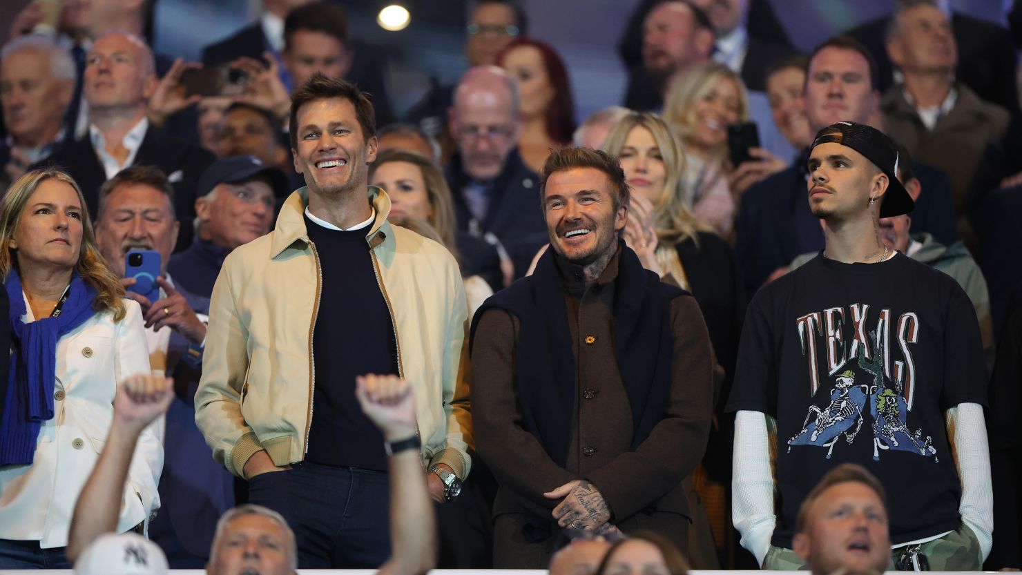 BIRMINGHAM, ENGLAND - SEPTEMBER 16: Tom Brady, Minority Owner of Birmingham City (L) with David Beckham to the Sky Bet League One match between Birmingham City FC and Wrexham AFC at St Andrew’s at Knighthead Park on September 16, 2024 in Birmingham, England. (Photo by Alex Pantling/Getty Images)