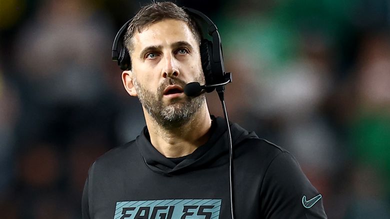 PHILADELPHIA, PENNSYLVANIA - SEPTEMBER 16: Head coach Nick Sirianni of the Philadelphia Eagles reacts against the Atlanta Falcons during the fourth quarter in the game at Lincoln Financial Field on September 16, 2024 in Philadelphia, Pennsylvania. (Photo by Tim Nwachukwu/Getty Images)