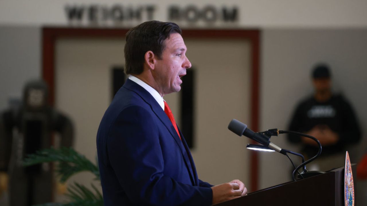 WEST PALM BEACH, FLORIDA - SEPTEMBER 17: Florida Gov. Ron DeSantis speaks during a press conference regarding an apparent assassination attempt of former President Donald Trump on September 17, 2024 in West Palm Beach, Florida. The Governor announced that the State of Florida's law enforcement will do their own investigation into the incident, which the FBI said "appears to be an attempted assassination of former President Trump' while he was golfing at Trump International Golf Club.  (Photo by Joe Raedle/Getty Images)