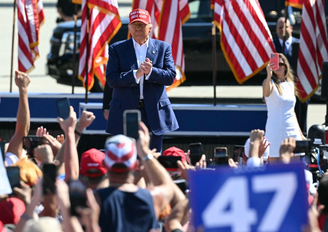 Former President Donald Trump arrives at a campaign rally at the AeroCenter in Wilmington, North Carolina, on September 21, 2024.