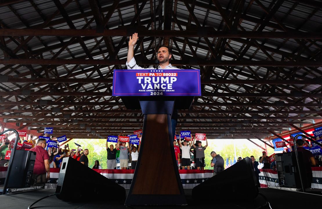 Republican vice presidential candidate Sen. JD Vance speaks to a crowd in Leesport, Pennsylvania, on September 21, 2024. Throughout the rally Vance repeated claims regarding Hatian immigrants in Springfield, Ohio.