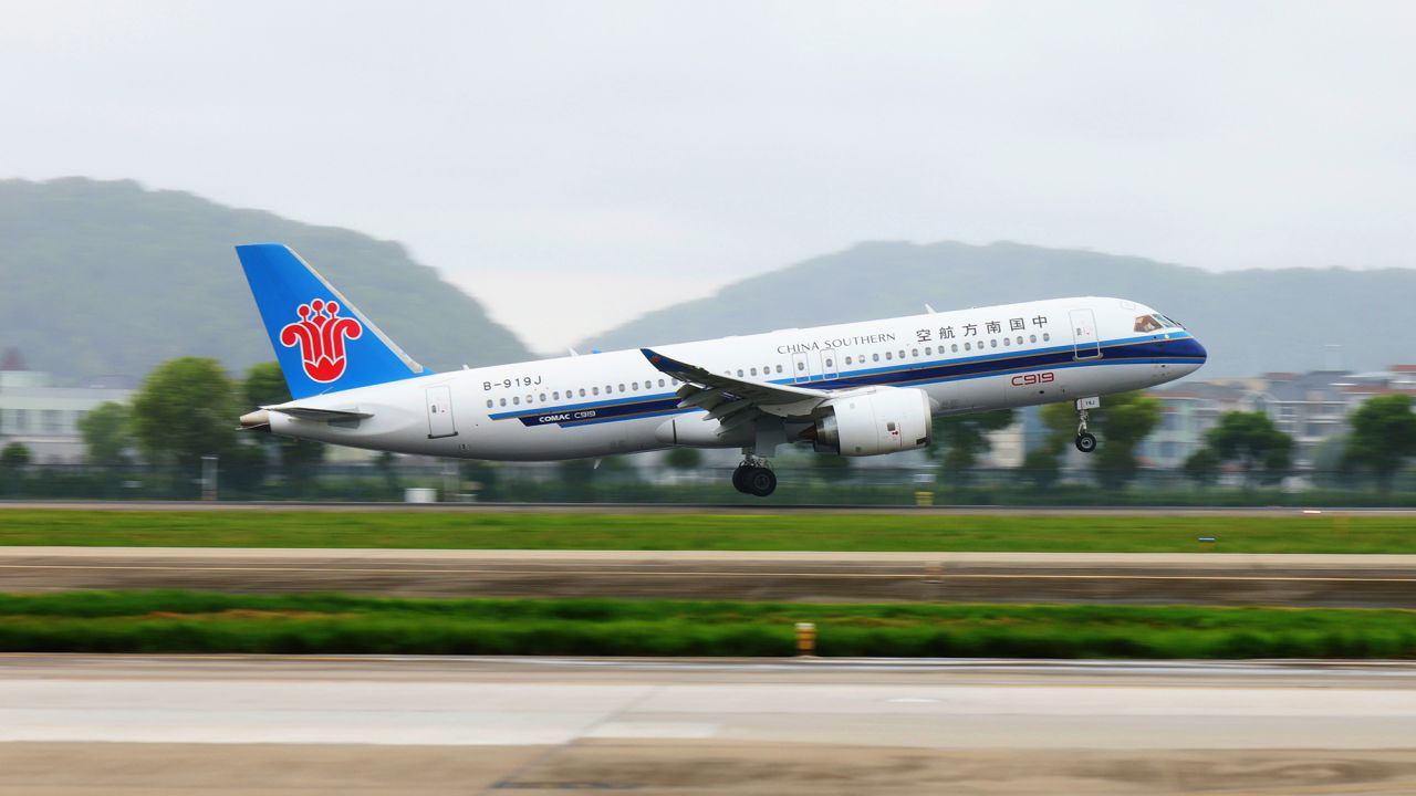 HANGZHOU, CHINA - SEPTEMBER 21, 2024 - The first C919 passenger plane of China Southern Airlines prepares to land on the runway at Hangzhou Xiaoshan International Airport after arriving from Guangzhou in Hangzhou, Zhejiang province, China, Sept 21, 2024. (Photo credit should read CFOTO/Future Publishing via Getty Images)