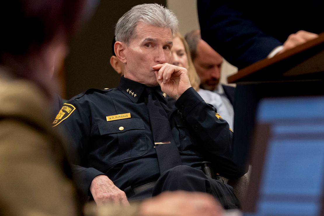 Police Chief William McManus listens to questions during a September 17 meeting of the City Council's Public Safety Committee at City Hall in San Antonio.