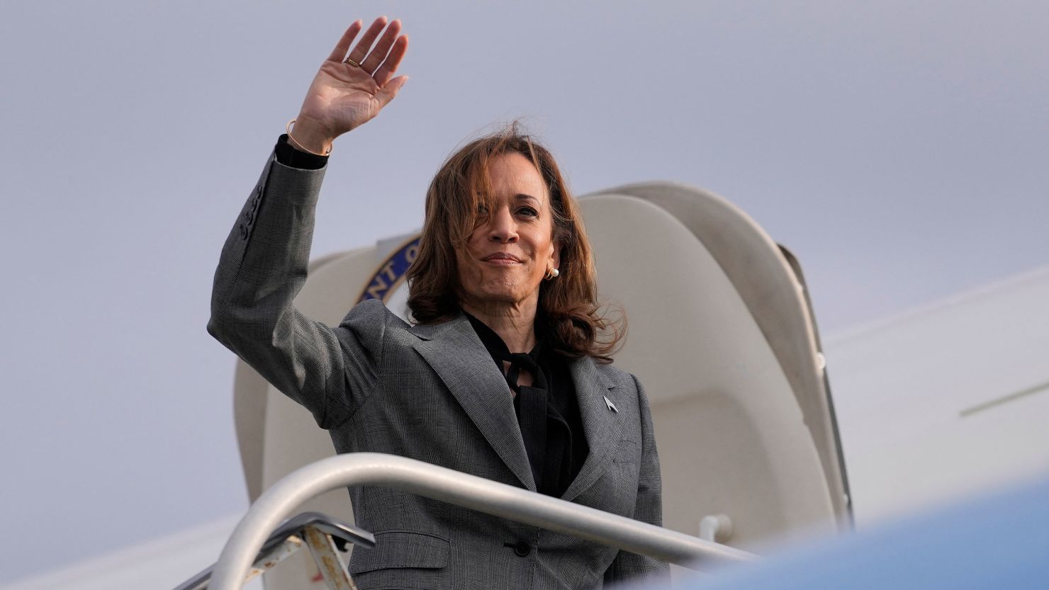 Vice President Kamala Harris boards Air Force Two as she departs LaGuardia Airport in New York City on September 22, 2024.