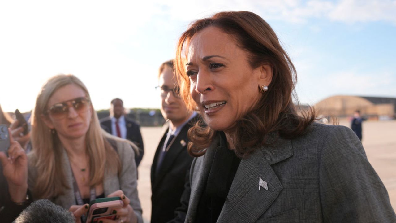 Democratic presidential nominee Vice President Kamala Harris speaks to members of the media upon her arrival at Andrews Air Force Base, Maryland, September 22, 2024. (Photo by Matt Rourke / POOL / AFP) (Photo by MATT ROURKE/POOL/AFP via Getty Images)