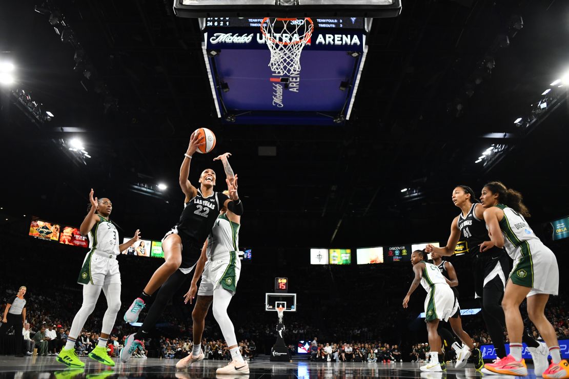 Recently crowned 2024 MVP A'ja Wilson drives to the basket in Game 1 against the Seattle Storm.