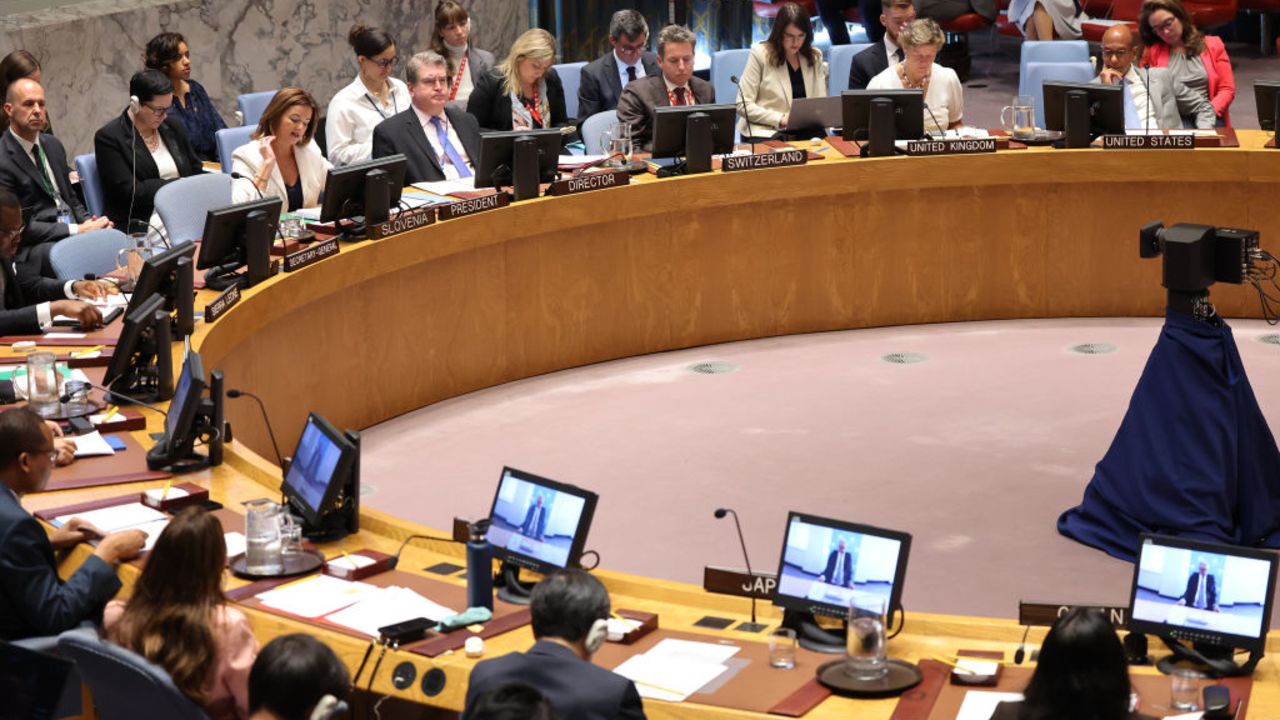 NEW YORK, NEW YORK - SEPTEMBER 19: Members of the United Nations Security Council listen as Tanja Fajon, Deputy Prime Minister of Slovenia and Minister of Foreign and European Affairs, speaks during a meeting on the situation in the Middle East, including the Palestinian question at U.N. headquarters on September 19, 2024 in New York City. The Security Council held a meeting on the ongoing war between Israel and Hamas in Gaza that has escalated tensions in the region. Algeria requested the meeting on behalf of the Arab states due to two waves of Israeli attacks using exploding pagers and walkie-talkies in Lebanon that targeted the militant group Hezbollah. 37 people have been killed, and over 200 people seriously wounded. (Photo by Michael M. Santiago/Getty Images)