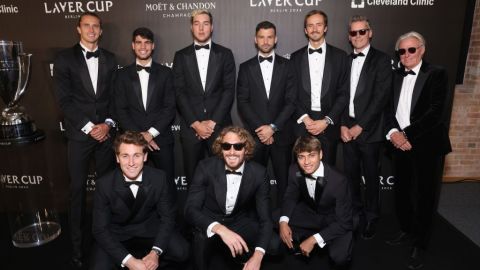 BERLIN,  - SEPTEMBER 19: (L-R) Alexander Zverev, Casper Ruud, Carlos Alcaraz, Jan-Lennard Struff, Stefanos Tsitsipas, Grigor Dimitrov, Flavio Cobolli, Daniil Medvedev, Thomas Enqvist, Vice Captain and Björn Borg, Captain of Team Europe attend the Opening Night Gala of the Laver Cup 2024 at WECC on September 19, 2024 in Berlin, . (Photo by Gerald Matzka/Getty Images for Laver Cup)