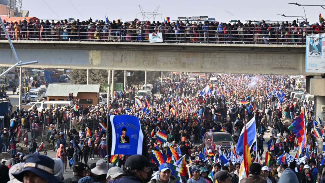 TOPSHOT - Supporters of former Bolivian President Evo Morales attend a rally against President Luis Arce in El Alto, Bolivia, September 23, 2024. Former president Evo Morales and his followers on september 23 are nearing La Paz, seat of the Executive and Legislative powers, in a march against his former ally and current President Luis Arce, whom he blames for the economic crisis in Bolivia. (Photo by AIZAR RALDES / AFP) (Photo by AIZAR RALDES/AFP via Getty Images)