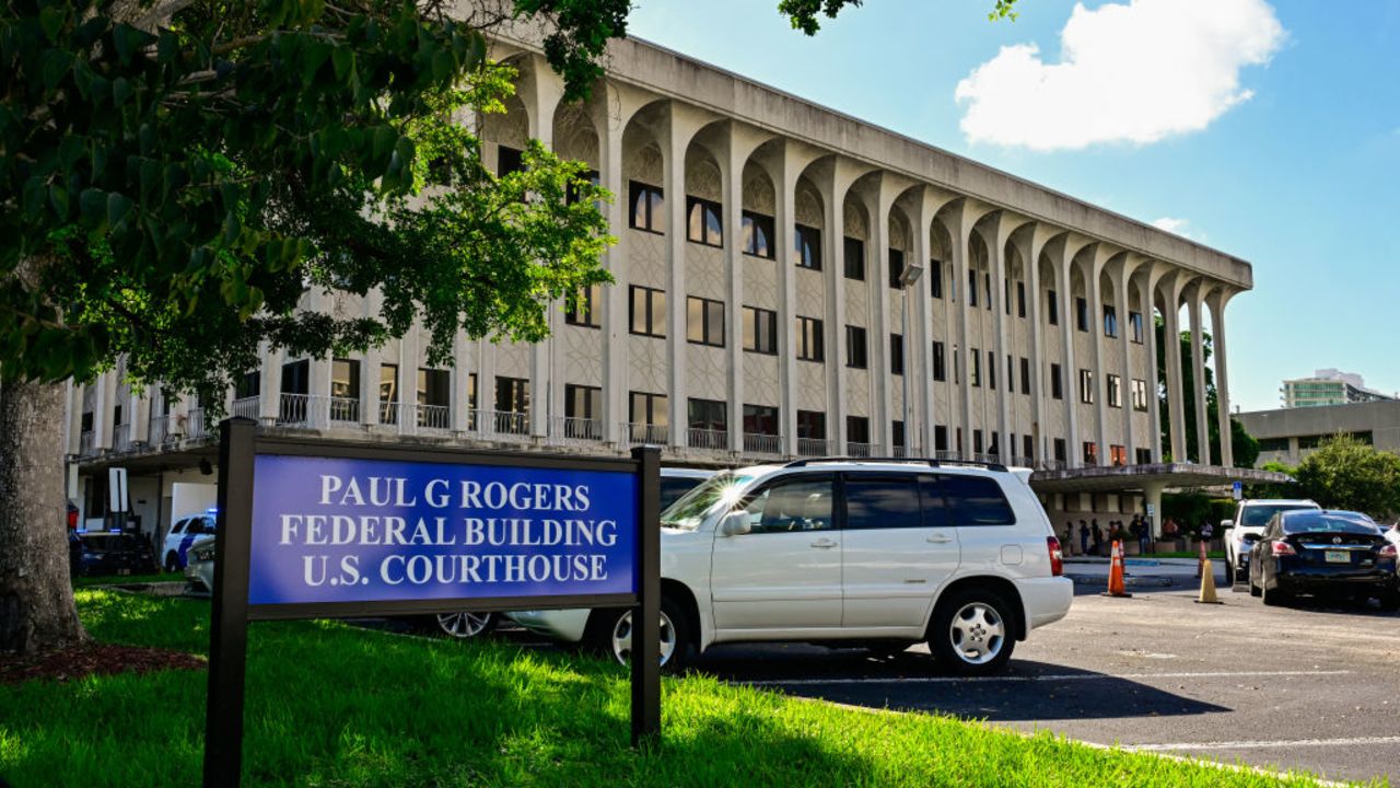 A view of the Paul G. Rogers Federal Building and US Courthouse during a hearing on the detention of Ryan Wesley Routh, suspected of the attempted assassination of former US president Donald Trump, in West Palm Beach, Florida, on September 23, 2024. Ryan Routh was detained after fleeing Trump's club in West Palm Beach where the former president was playing golf on September 15 when Secret Service agents discovered a rifle barrel sticking out from a treeline and opened fire on the suspect. (Photo by Giorgio VIERA / AFP) (Photo by GIORGIO VIERA/AFP via Getty Images)