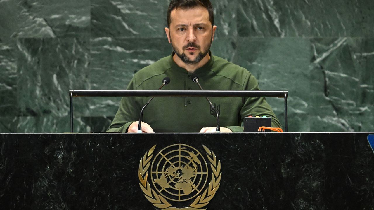 Ukrainian President Volodymyr Zelensky speaks during "Summit of the Future" on the sidelines of the UN General Assembly at the United Nations Headquarters in New York, September 23, 2024.