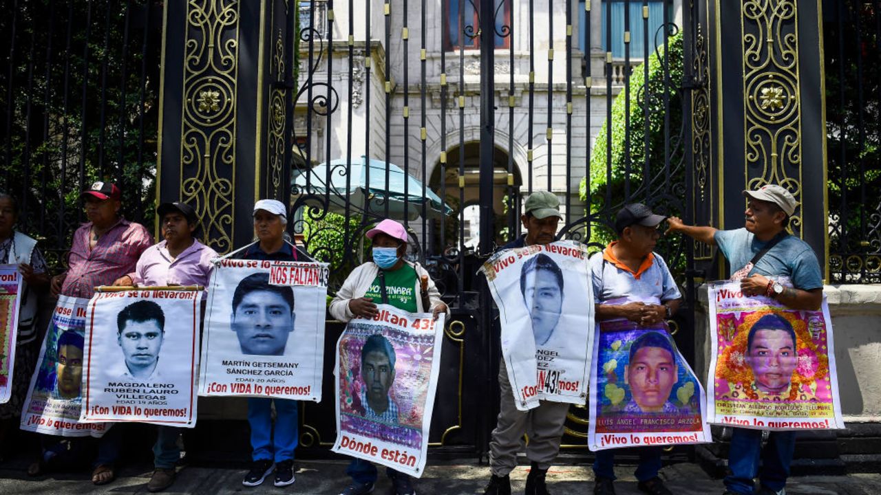 Relatives of some of the Ayotzinapa missing students take part in a demonstration outside of the Interior Ministry building to demand justice, in Mexico City, Mexico on September 23, 2024. Next September 26 marks 10 years since the forced disappearance of 43 students from the Ayotzinapa Rural Normal School. (Photo by Rodrigo Oropeza / AFP) (Photo by RODRIGO OROPEZA/AFP via Getty Images)