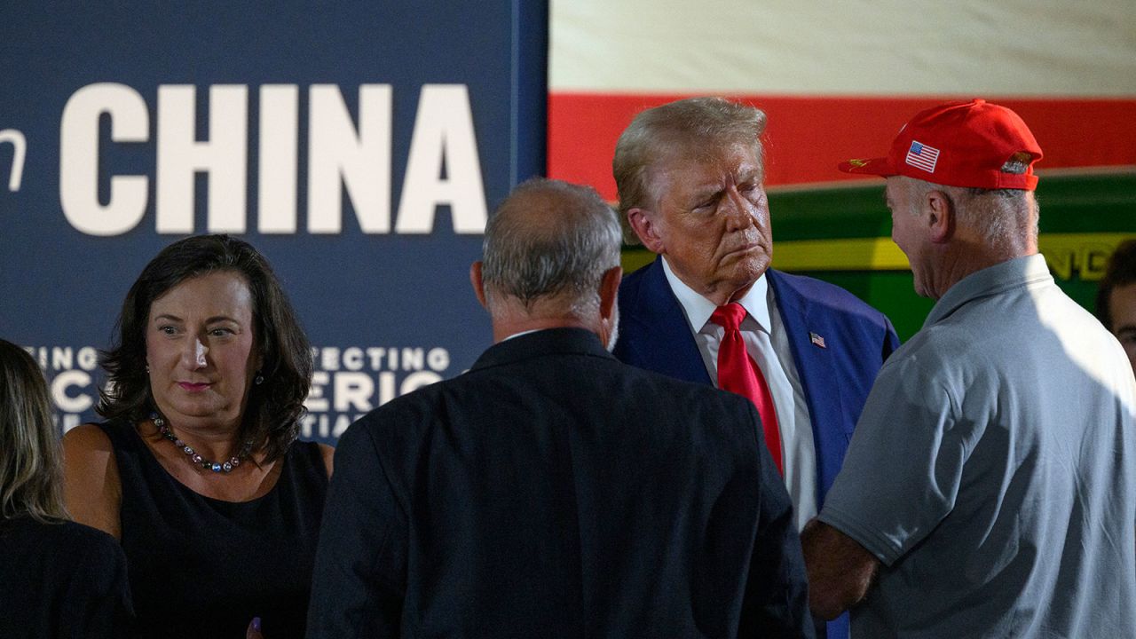 SMITHTON, PENNSYLVANIA - SEPTEMBER 23: Republican presidential nominee, former U.S. President Donald Trump speaks at a campaign event on food security in a barn on the Smith Family Farm on September 23, 2024 in Smithton, Pennsylvania. The event, hosted by the Protecting America Initiative, led by former Trump acting director of national intelligence Richard Grenell, highlighted China ownership of nearly 250,000 acres of U.S. land, slightly less than 1% of foreign-held acreage. (Photo by Jeff Swensen/Getty Images)