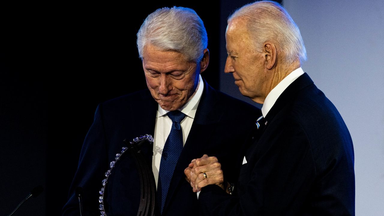 NEW YORK, NEW YORK - SEPTEMBER 23: President Joe Biden and former President Bill Clinton shake hands as Biden accepts the Clinton Global Citizen Award at the Clinton Global Initiative (CGI) on September 23, 2024 in New York City. Coinciding with the U.N. General Assembly, the Clinton Global Initiative brings together business, government, and civil society leaders to drive progress on humanitarian response efforts to global crises. (Photo by Alex Kent/Getty Images)