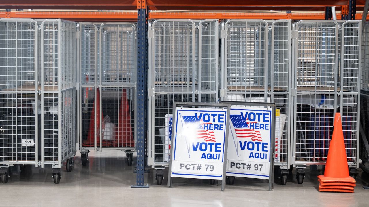 Supply cages with precinct specific materials for polling locations in the new Pinal VOTES building in Florence, Arizona on Thursday, June 20.