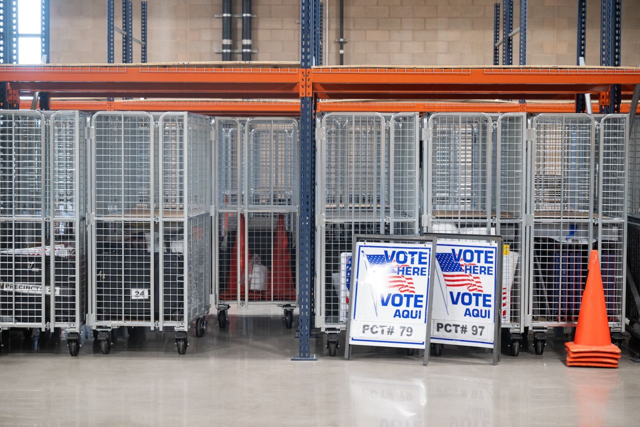 Supply cages with precinct specific materials for polling locations in the new Pinal VOTES building in Florence, Arizona on Thursday, June 20.