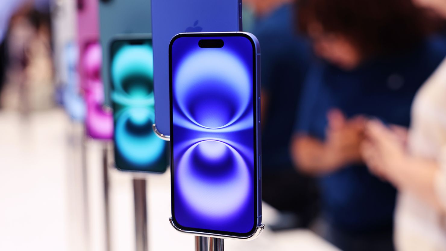 iPhone 16 phones are on display at the Fifth Avenue Apple Store in New York City on launch day on September 20, 2024.
