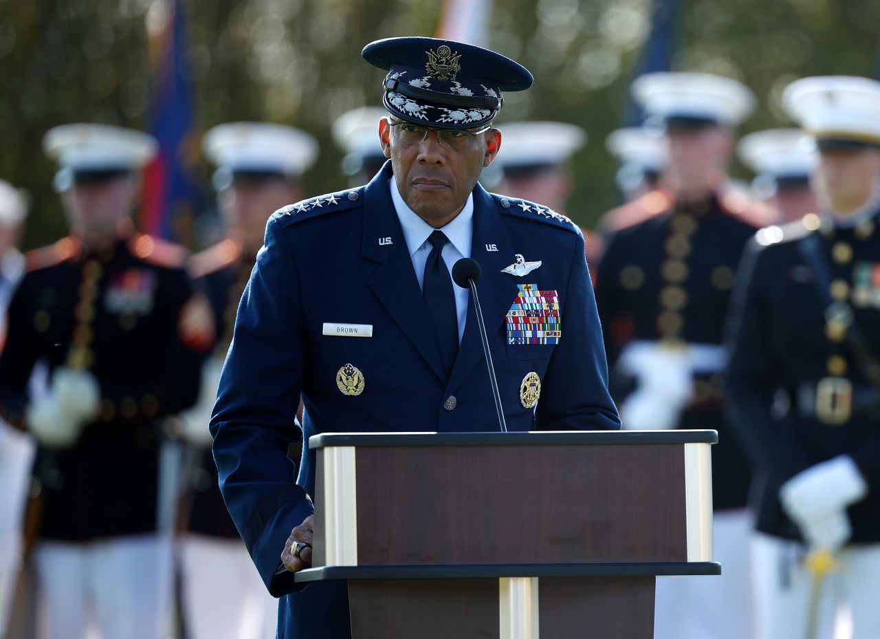 US Chairman of the Joint Chiefs of Staff Charles Q. Brown delivers remarks at the Pentagon on September 20, 2024.