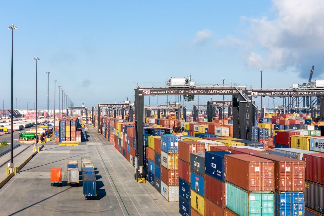 An aerial photo shows shipping containers at the Port of Houston earlier this month. A possible strike at this and other Gulf and East Coast ports could begin early Tuesday.