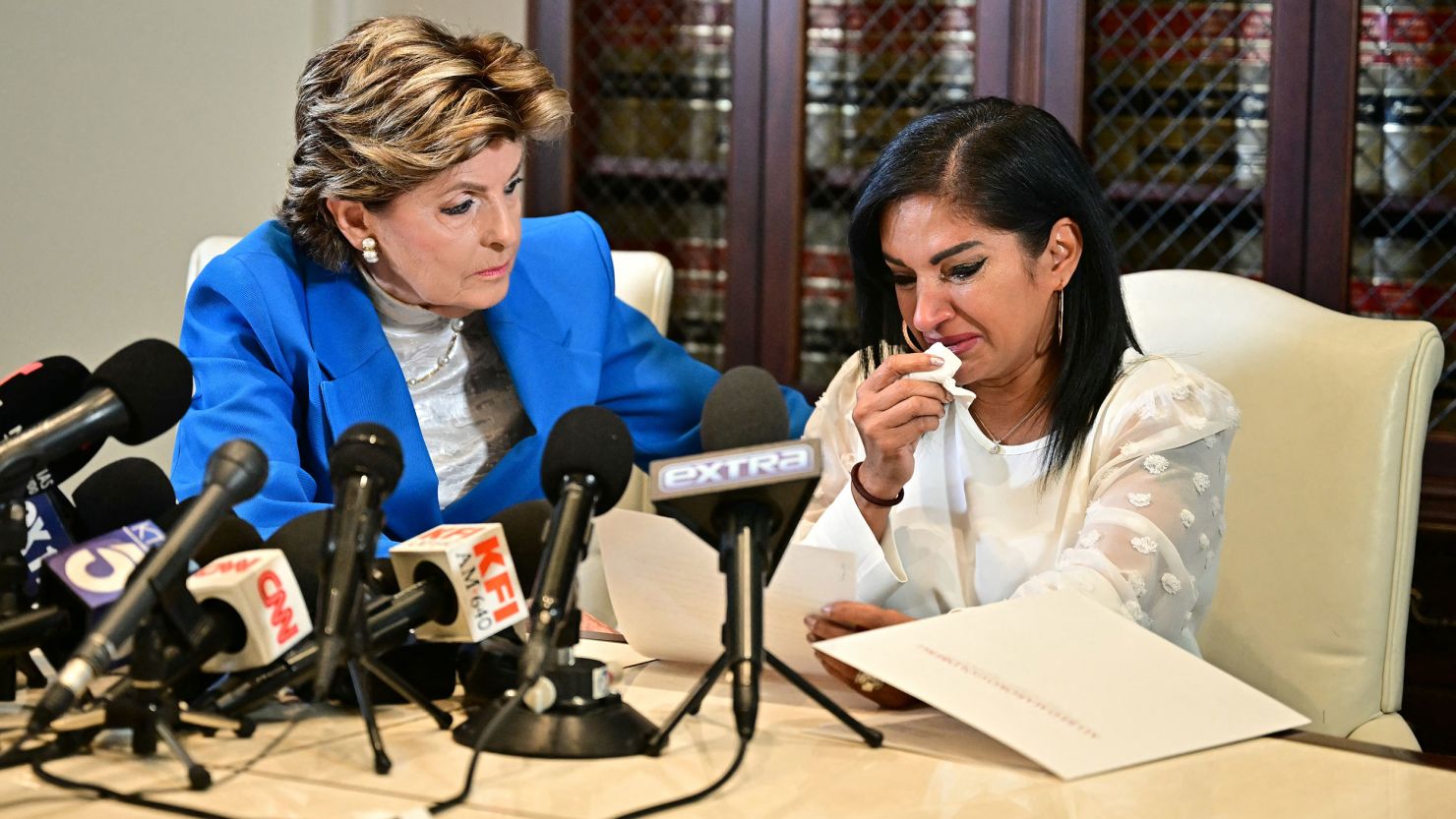 Gloria Allred, left, speaks alongside Thalia Graves in a news conference announcing a lawsuit against Sean "Diddy" Combs Tuesday, in Los Angeles.