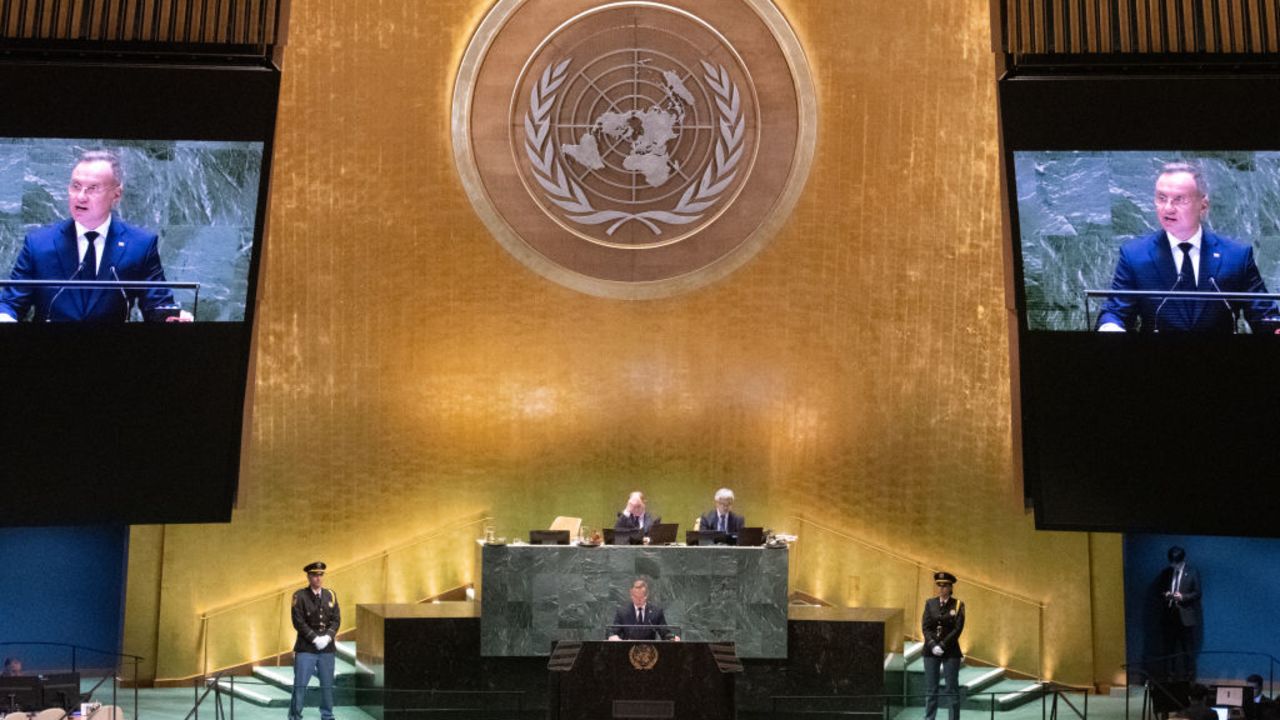 NEW YORK, NEW YORK - SEPTEMBER 24: Polish President Andrzej Duda addresses the United Nations General Assembly (UNGA) at U.N. headquarters on September 24, 2024 in New York City. World leaders convened for the General Assembly as the world continues to experience major wars in Gaza, Ukraine and Sudan, as well as the threat of larger conflict in the Middle East.  (Photo by Stephanie Keith/Getty Images)