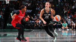 BROOKLYN, NY - SEPTEMBER 24: Sabrina Ionescu #20 of the New York Liberty dribbles the ball during the game against the Atlanta Dream during round one game two of the 2024 WNBA Playoffs on September 24, 2024 in Brooklyn, New York. NOTE TO USER: User expressly acknowledges and agrees that, by downloading and or using this Photograph, user is consenting to the terms and conditions of the Getty Images License Agreement. Mandatory Copyright Notice: Copyright 2024 NBAE (Photo by David L. Nemec/NBAE via Getty Images)