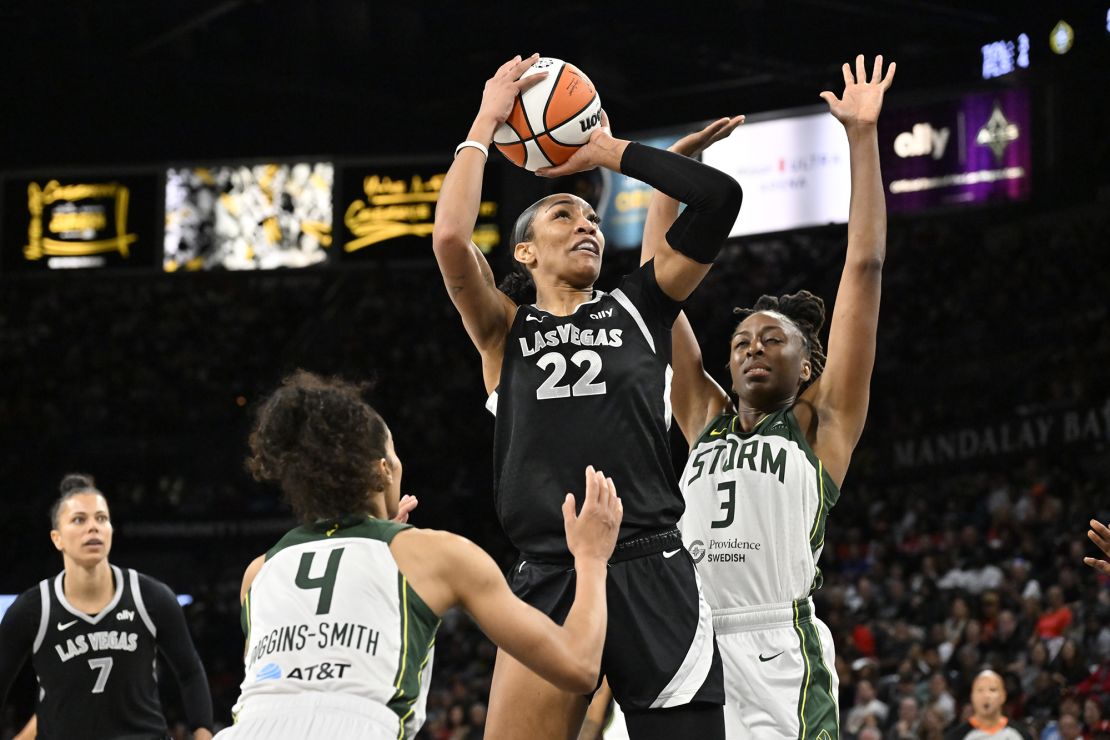 A'ja Wilson rushes to the basket against the Seattle Storm on Tuesday.