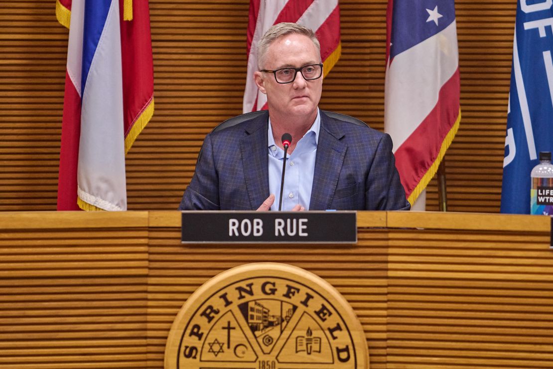 Springfield, Ohio Mayor Rob Rue speaks to residents during a town hall about the 2024 presidential election's focus on the town's influx of Haitian immigrants, on September 24, 2024.