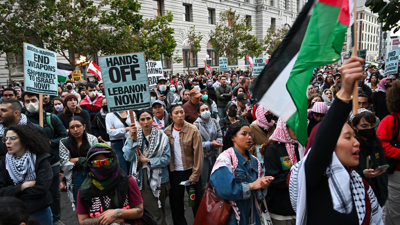 Hundreds of pro-Palestinian protesters are gathered outside of a federal building to protest Israeli attacks on recent attacks on Lebanon and Gaza, in San Francisco, US, on September 24.