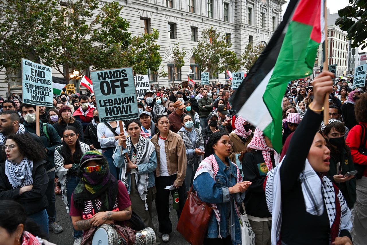 Hundreds of pro-Palestinian protesters are gathered outside of a federal building to protest Israeli attacks on recent attacks on Lebanon and Gaza, in San Francisco, US, on September 24.