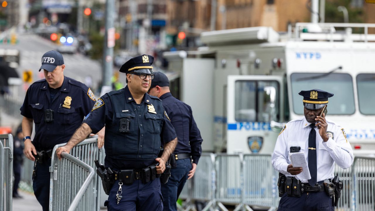 American police gather outside the United Nations on September 24, 2024 in New York City, during the 79th session of the United Stations General Assembly. (Photo by Ali Khaligh / Middle East Images / Middle East Images via AFP) (Photo by ALI KHALIGH/Middle East Images/AFP via Getty Images)