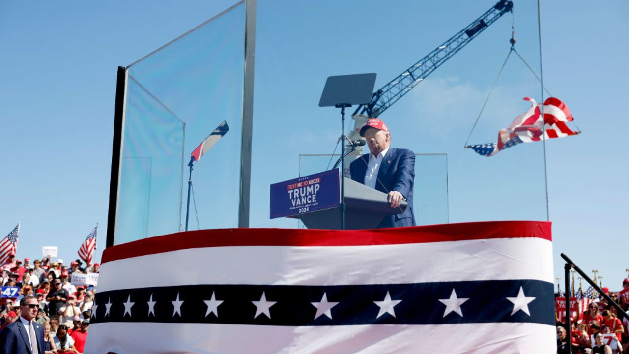 WILMINGTON, NORTH CAROLINA - SEPTEMBER 21: Republican presidential candidate former U.S. President Donald Trump speaks at a rally at the Aero Center Wilmington on September 21, 2024 in Wilmington, North Carolina. Trump is returning to Wilmington, North Carolina after his previous scheduled rally in April was canceled because of a thunderstorm. (Photo by Anna Moneymaker/Getty Images)