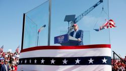 WILMINGTON, NORTH CAROLINA - SEPTEMBER 21: Republican presidential candidate former U.S. President Donald Trump speaks at a rally at the Aero Center Wilmington on September 21, 2024 in Wilmington, North Carolina. Trump is returning to Wilmington, North Carolina after his previous scheduled rally in April was canceled because of a thunderstorm. (Photo by Anna Moneymaker/Getty Images)