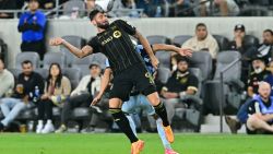 TOPSHOT - LAFC's French forward #09 Olivier Giroud heads the ball during the US Open Cup football final between Los Angeles FC and Sporting Kansas City at BMO Stadium in Los Angeles on September 25, 2024. (Photo by Frederic J. Brown / AFP) (Photo by FREDERIC J. BROWN/AFP via Getty Images)