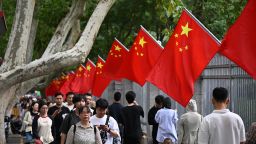 National flags are displayed in the streets of of Nanjing to celebrate the 75th anniversary of the founding of the People's Republic of China.