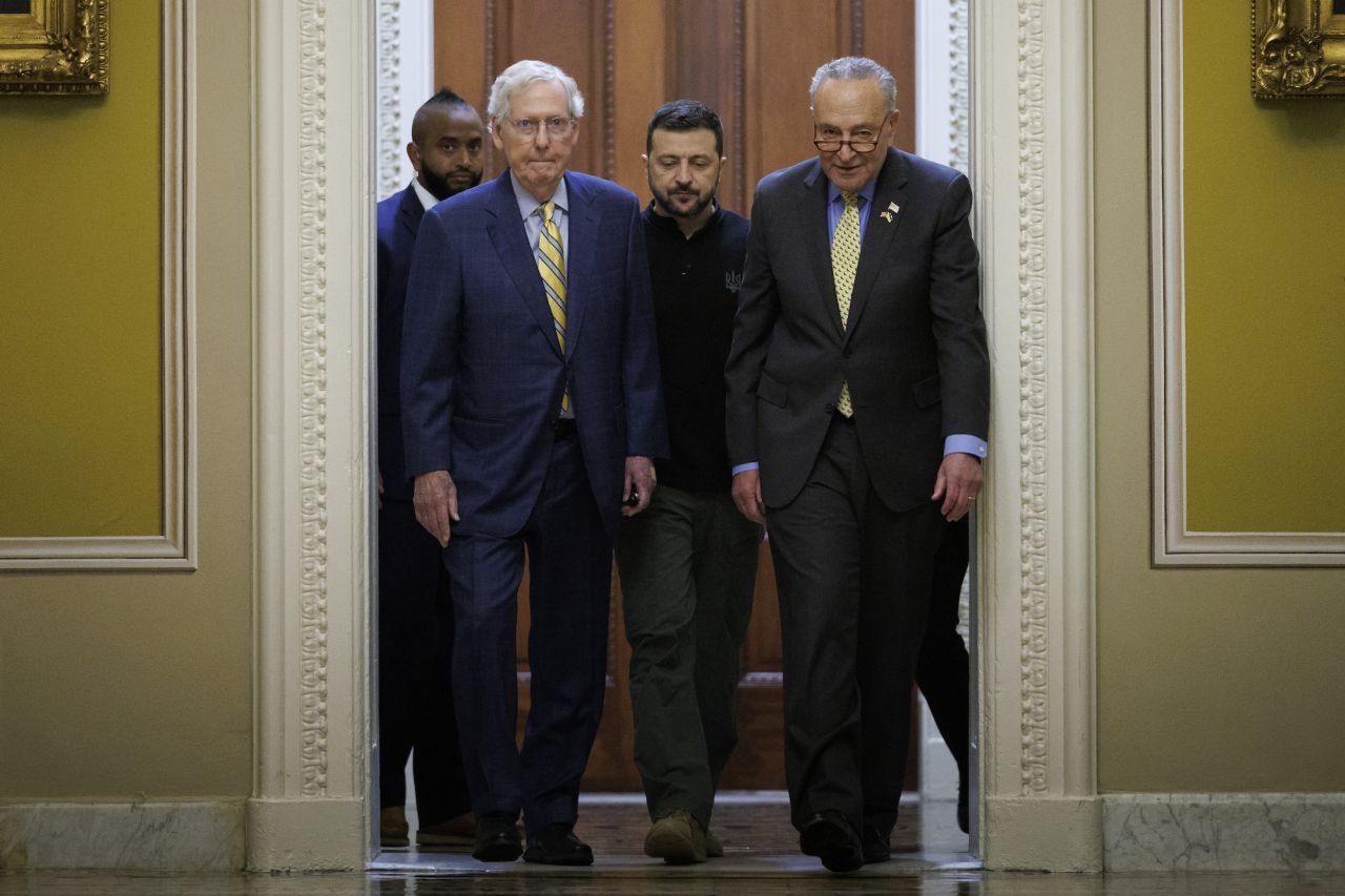 Ukrainian President Volodymyr Zelensky walks with Senate Majority Leader Chuck Schumer and Senate Minority Leader Mitch McConnell at the Capitol on Thursday.