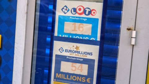 Two posters announcing the next million-euro jackpots for the Loto and Euromillions my million lottery games are displayed in front of a tobacconist s shop in Valence town centre in south-east  on 2 August 2024. (Photo by Nicolas Guyonnet / Hans Lucas / Hans Lucas via AFP) (Photo by NICOLAS GUYONNET/Hans Lucas/AFP via Getty Images)