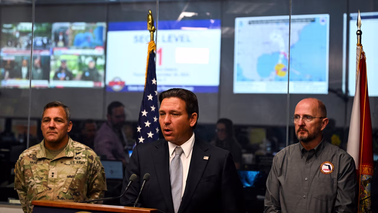 Ron DeSantis speaks during a press conference at the State Emergency Operations Center in Tallahassee, Florida, on September 26.