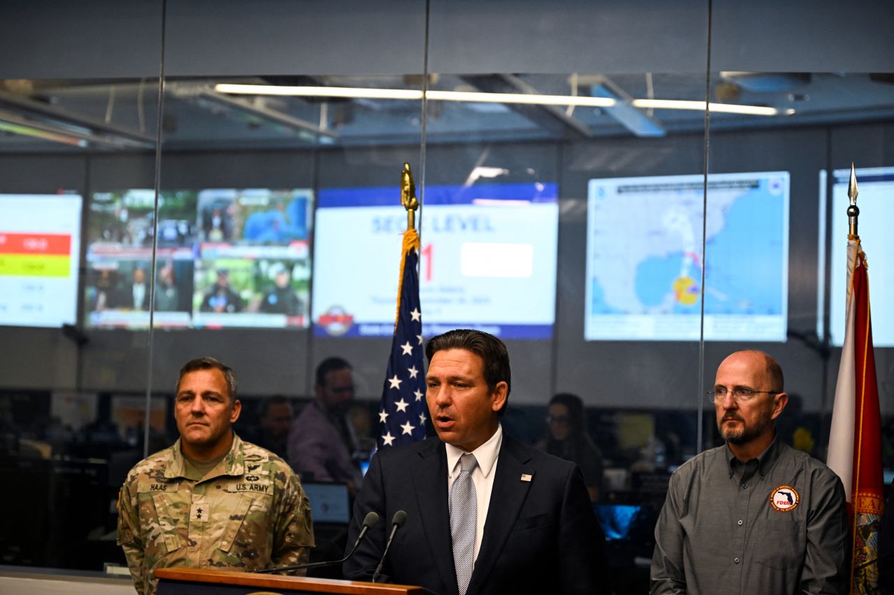 Ron DeSantis speaks during a press conference at the State Emergency Operations Center in Tallahassee, Florida, on September 26.