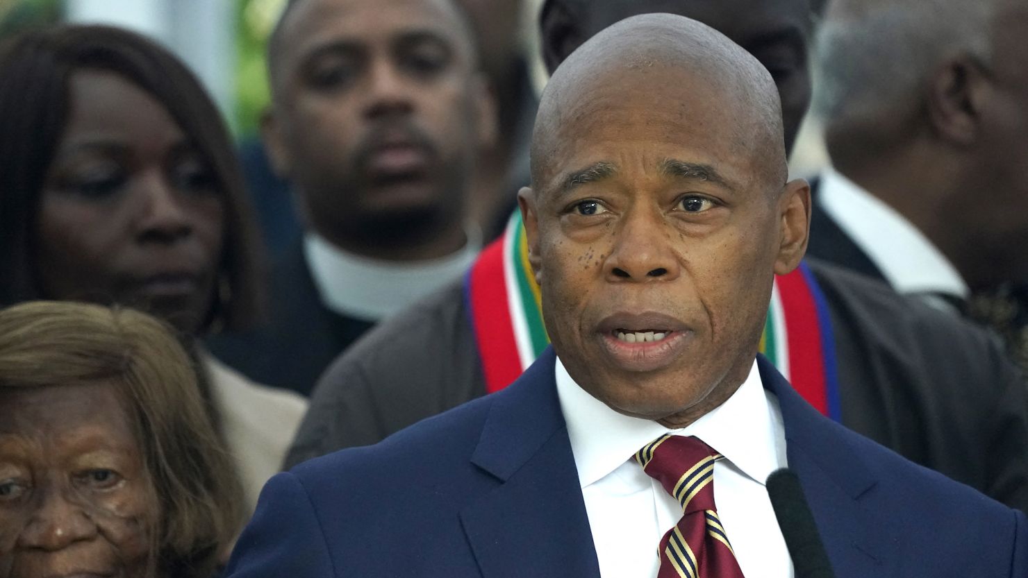 New York City Mayor Eric Adams talks to the press outside Gracie Mansion, the official residence of the mayor, on September 26, 2024, after he was indicted on federal criminal charges.