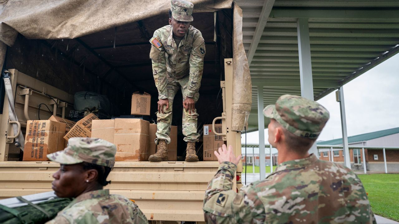 National Guardsman prepares a truck for storm response on Thursday in Crawfordville, Florida.