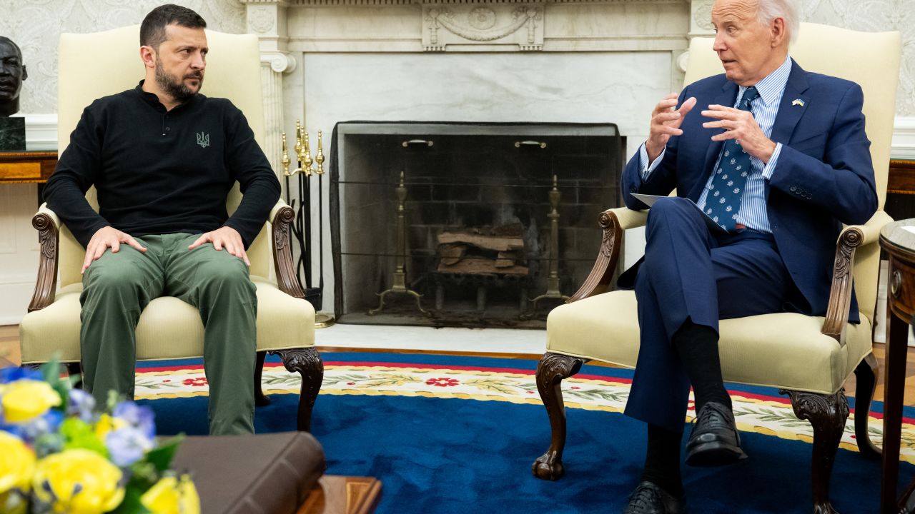 US President Joe Biden meets with Ukraine's President Volodymyr Zelensky at the Oval Office of the White House in Washington, DC, on September 26, 2024. Biden announced on September 26 a "surge" in assistance to Ukraine, including nearly $8 billion in military aid and new long-range munitions, ahead of the White House meeting with Zelensky. (Photo by SAUL LOEB / AFP) (Photo by SAUL LOEB/AFP via Getty Images)