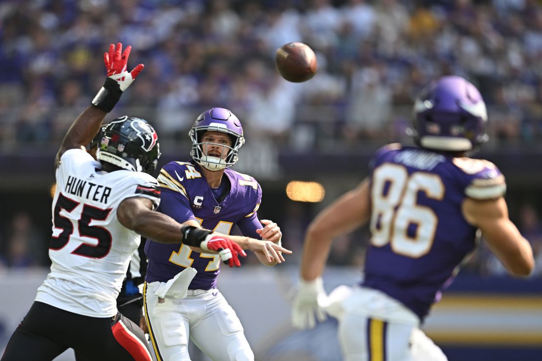 Sam Darnold passes the ball against the Houston Texans during a September game in Minneapolis, Minnesota.