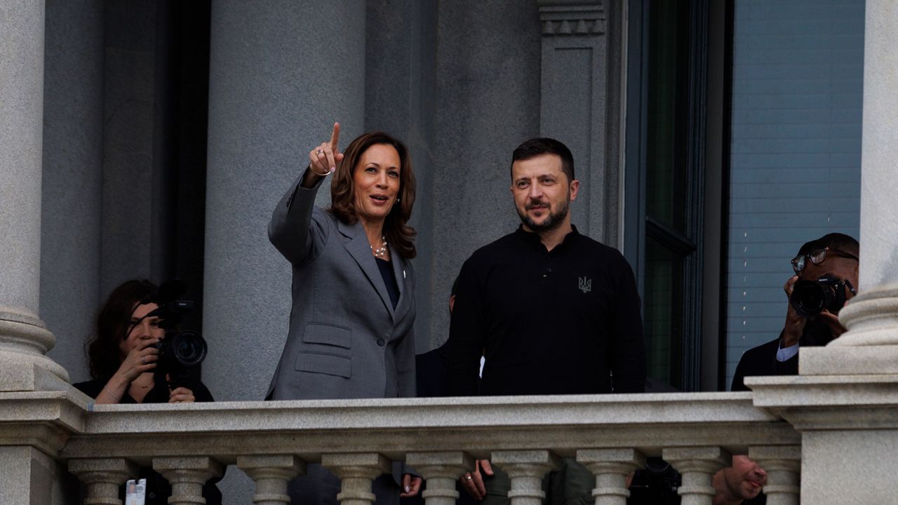 Vice President Kamala Harris alongside Ukraine President Volodymyr Zelensky at the Eisenhower Executive Office Building at the White House compound, on Thursday, September 26.