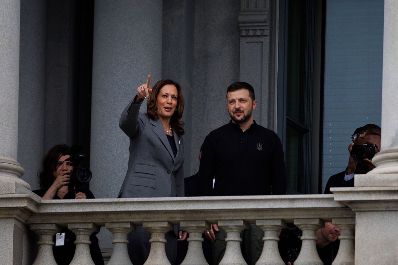 Vice President Kamala Harris alongside Ukraine President Volodymyr Zelensky at the Eisenhower Executive Office Building at the White House compound, on Thursday, September 26.