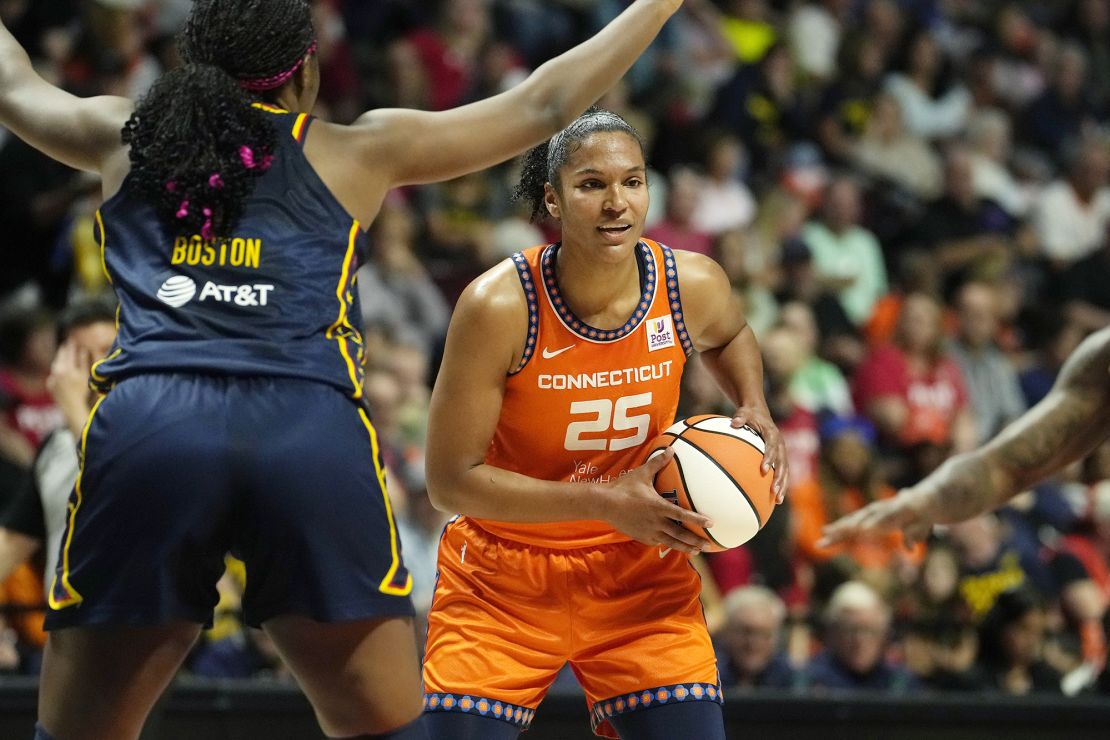 Connecticut Sun forward Alyssa Thomas looks for a free pass against the Indiana Fever in Game 1 of the first round of the series at Mohegan Sun Arena.