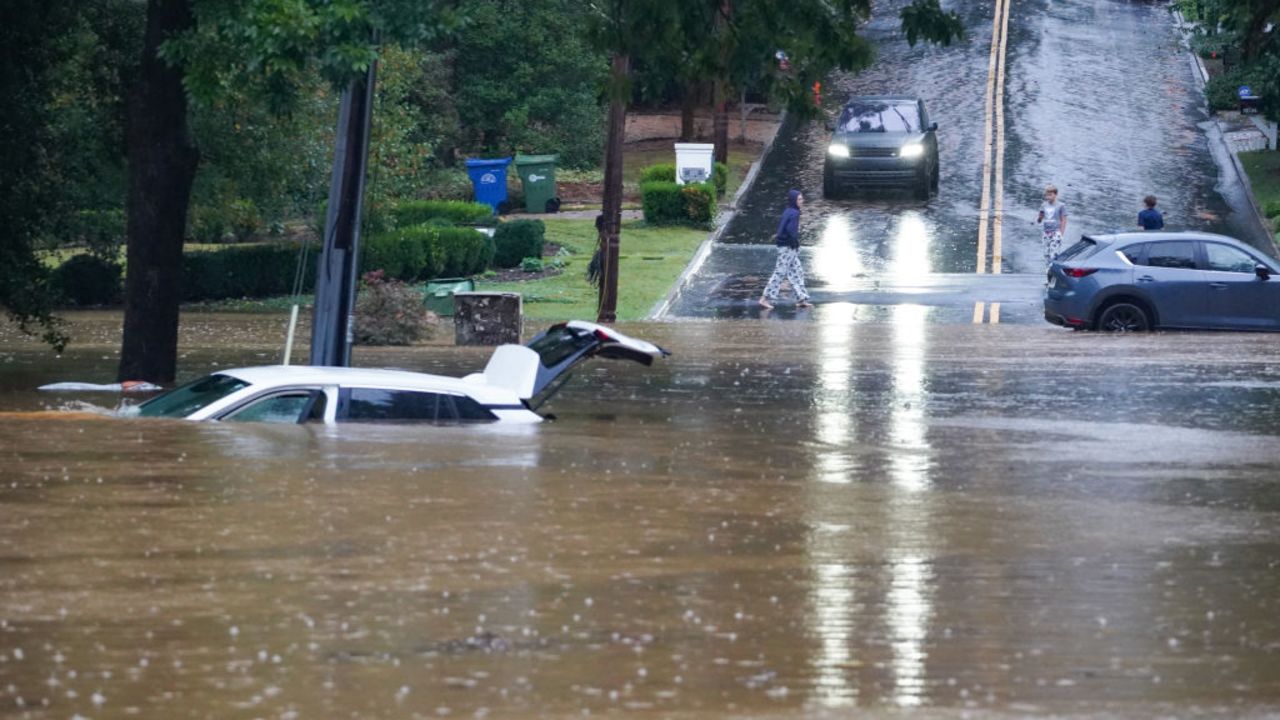 ATLANTA, GEORGIA - SEPTEMBER 27: The streets are flooded near Peachtree Creek after hurricane Helene brought in heavy rains over night on September 27, 2024 in Atlanta, Georgia. Hurricane Helene made landfall late Thursday night as a category 4 hurricane in the pan handle of Florida and is working its way north, it is now considered a tropical storm. (Photo by Megan Varner/Getty Images)