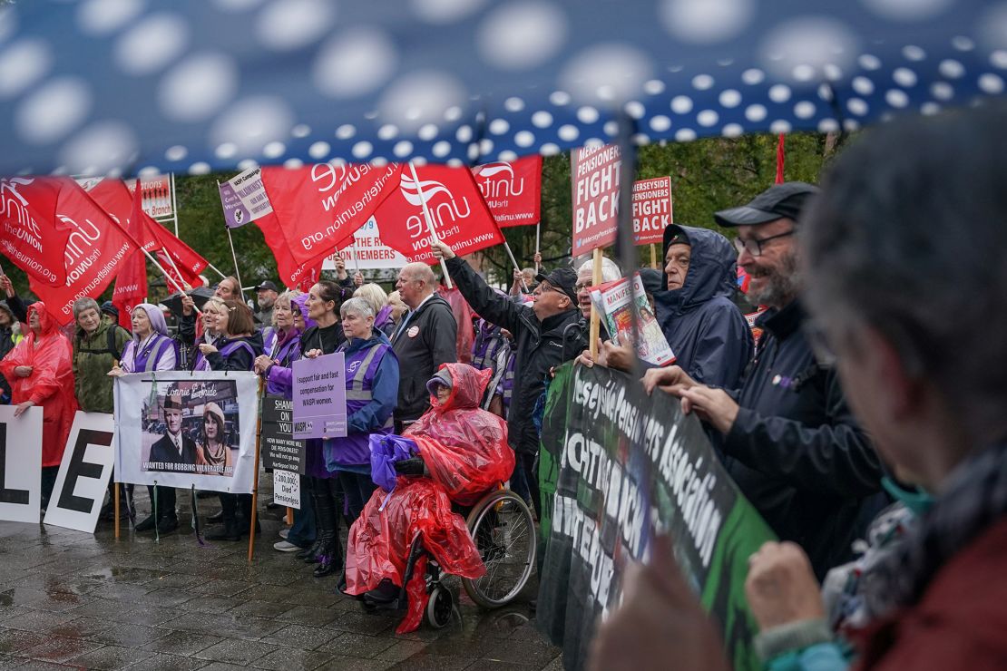 Protesters demonstrate outside the Labour Party conference venue in Liverpool against the withdrawal of the winter fuel allowance, on September 23, 2024.